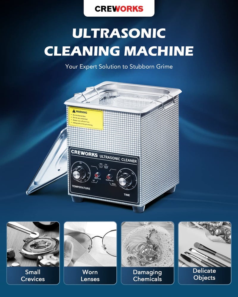 CREWORKS 2L Ultrasonic Cleaner with Heater & Timer, 60W 304 Stainless Steel Sonic Cleaner, 0.5 gal Compact Ultrasonic Parts Cleaner, Professional Lab Ultrasonic Cleaner for Jewelry Watch Coin Glasses - Image 2